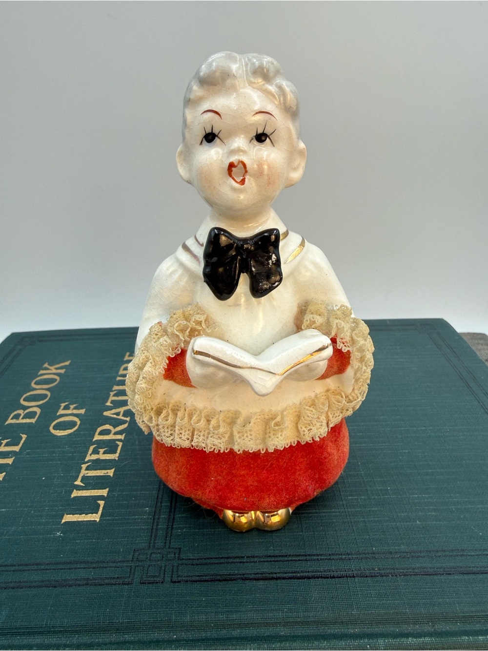 Vintage Christmas Choir Boy Figurine Spaghetti Lace Red Felt Japan 1950s